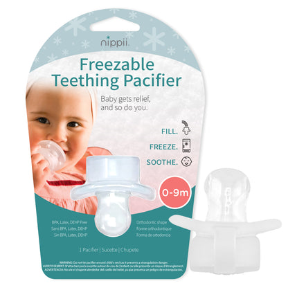 Packaging of Nippii Freezable Teething Pacifier with a visual of the pacifier designed for babies aged 0-9 months.