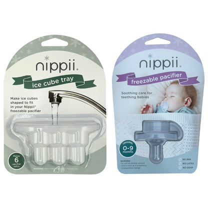 Packaging for Nippii Original Freezable Teething Pacifier and Ice Cube Tray Bundle.
